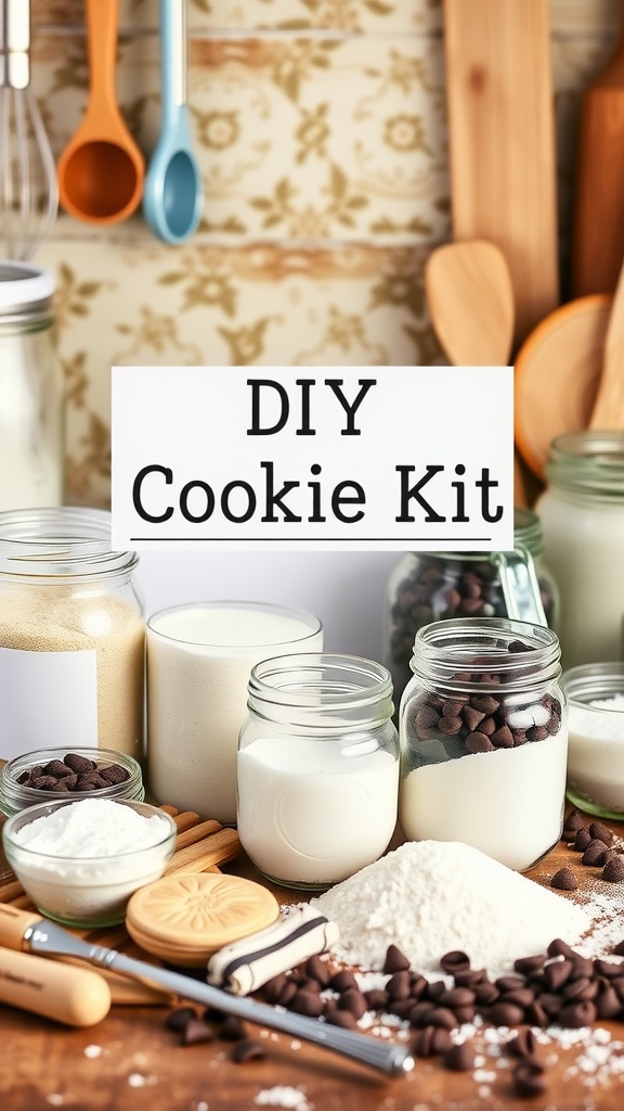 A DIY cookie kit with jars of ingredients, baking tools on a rustic countertop.